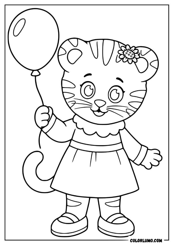 Margaret Tiger coloring page featuring Margaret Tiger standing and happily holding a balloon