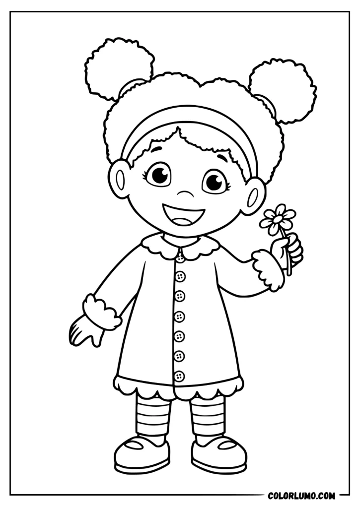 Miss Elaina coloring page featuring Miss Elaina holding a flower in her hand and smiling