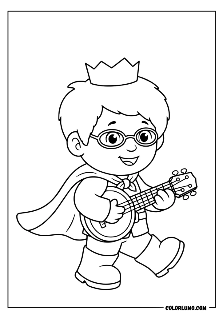 Prince Wednesday coloring page featuring him wearing a crown, glasses, and a superhero cape while happily playing a banjo