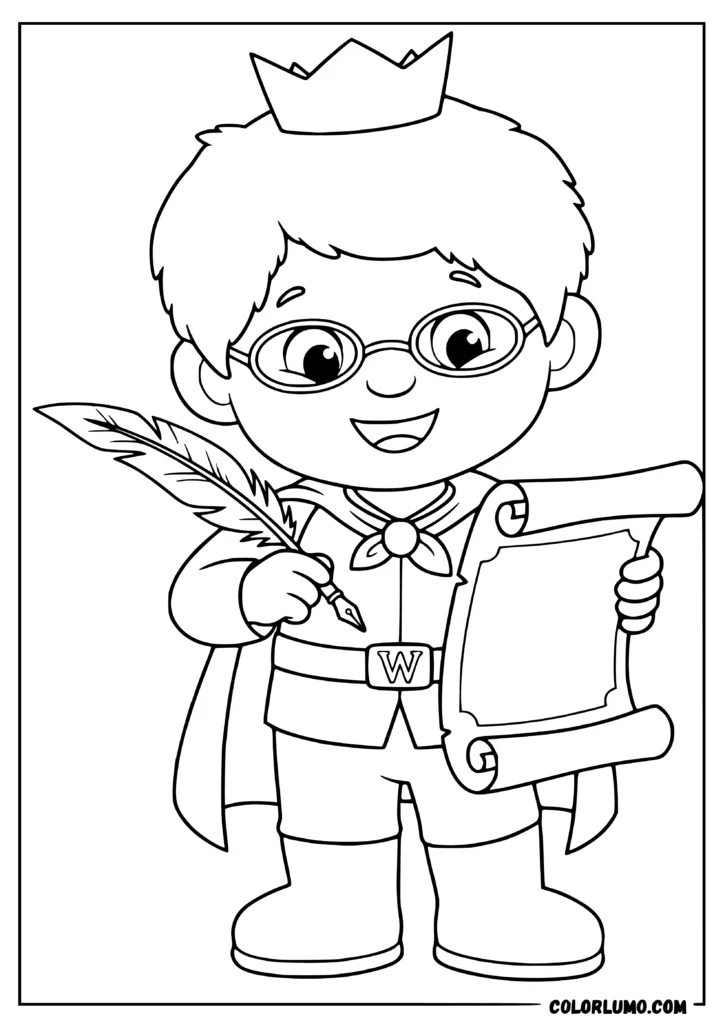 Prince Wednesday coloring pages from Daniel Tiger Neighborhood wearing a crown and holding a feather quill and scroll