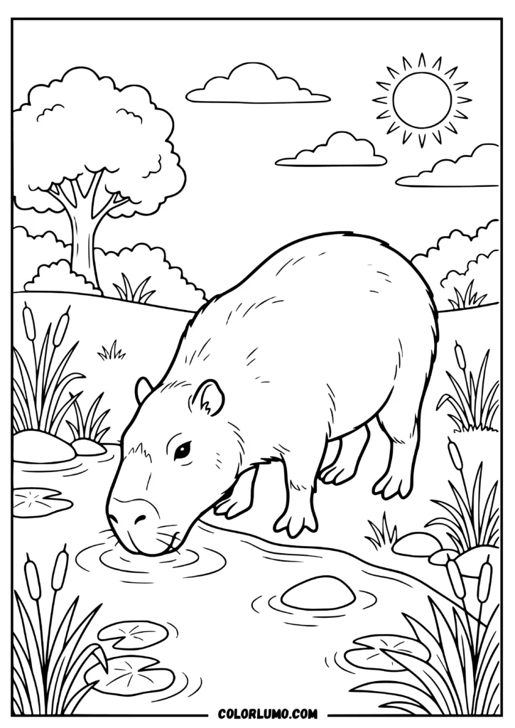 Realistic capybara coloring page showing a capybara drinking from a pond