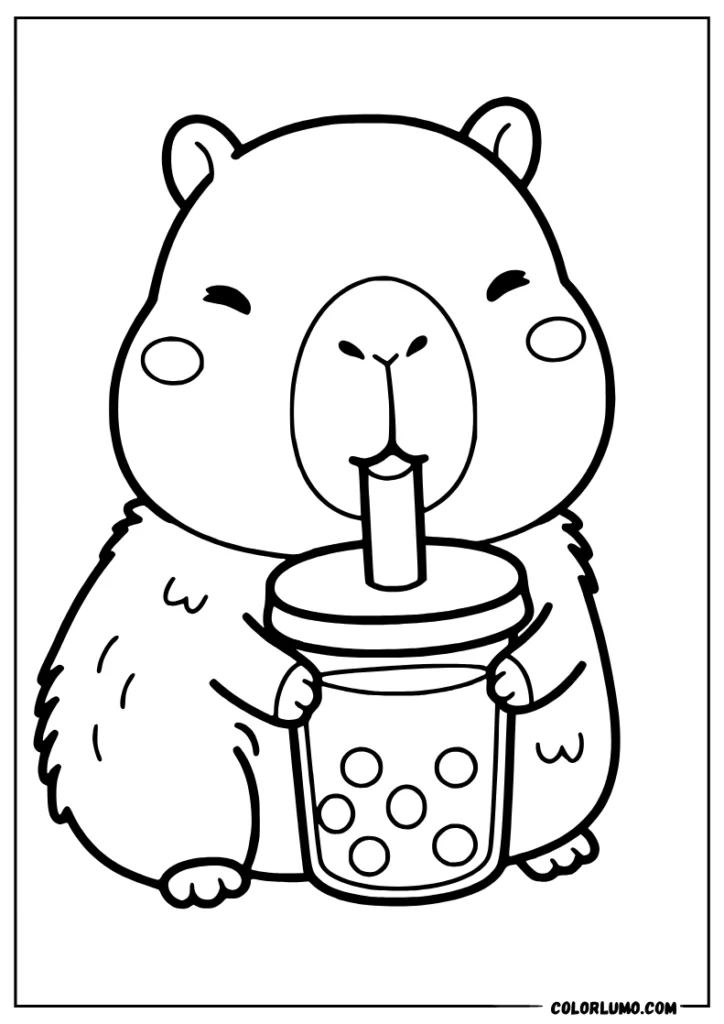Simple and cute capybara coloring page featuring a capybara drinking boba tea