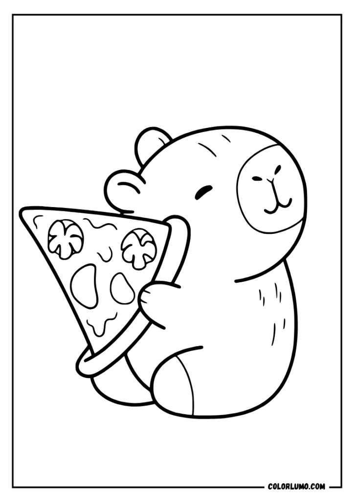 Simple capybara coloring page featuring a cute capybara holding a birthday hat in its paw