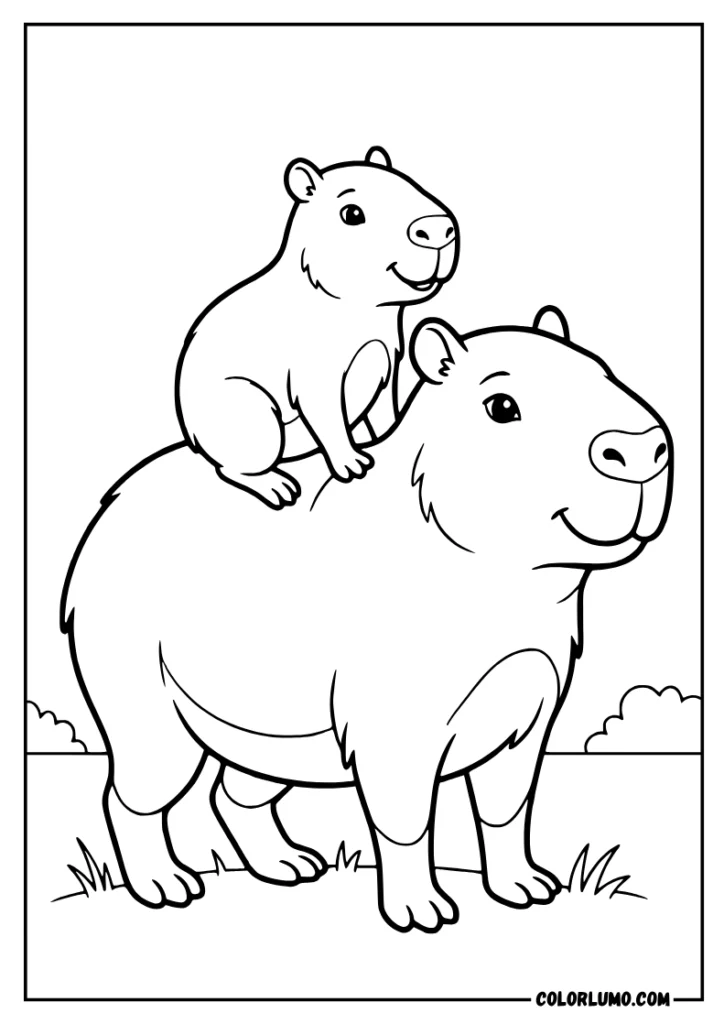 Two cute capybaras coloring page, with a small capybara sitting on a larger one