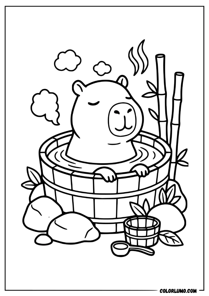 capybara coloring pages featuring a cute capybara in a wooden tub with bamboo background