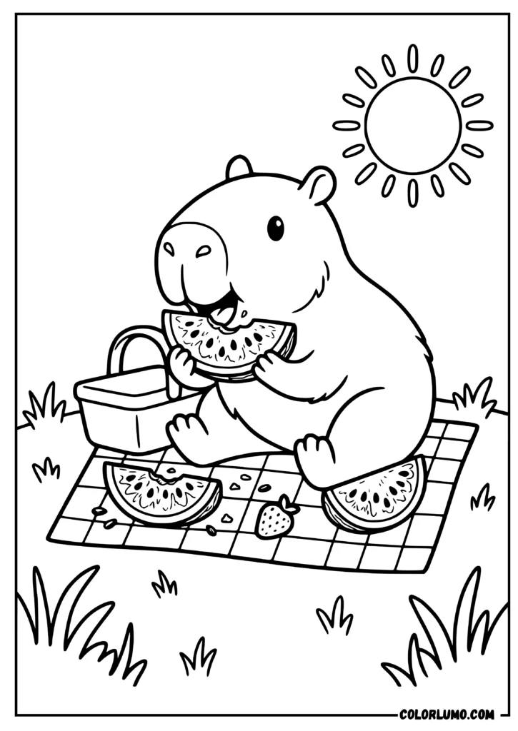 capybara coloring pages featuring capybara eating watermelon at a picnic on a blanket, with a basket, strawberries, grass