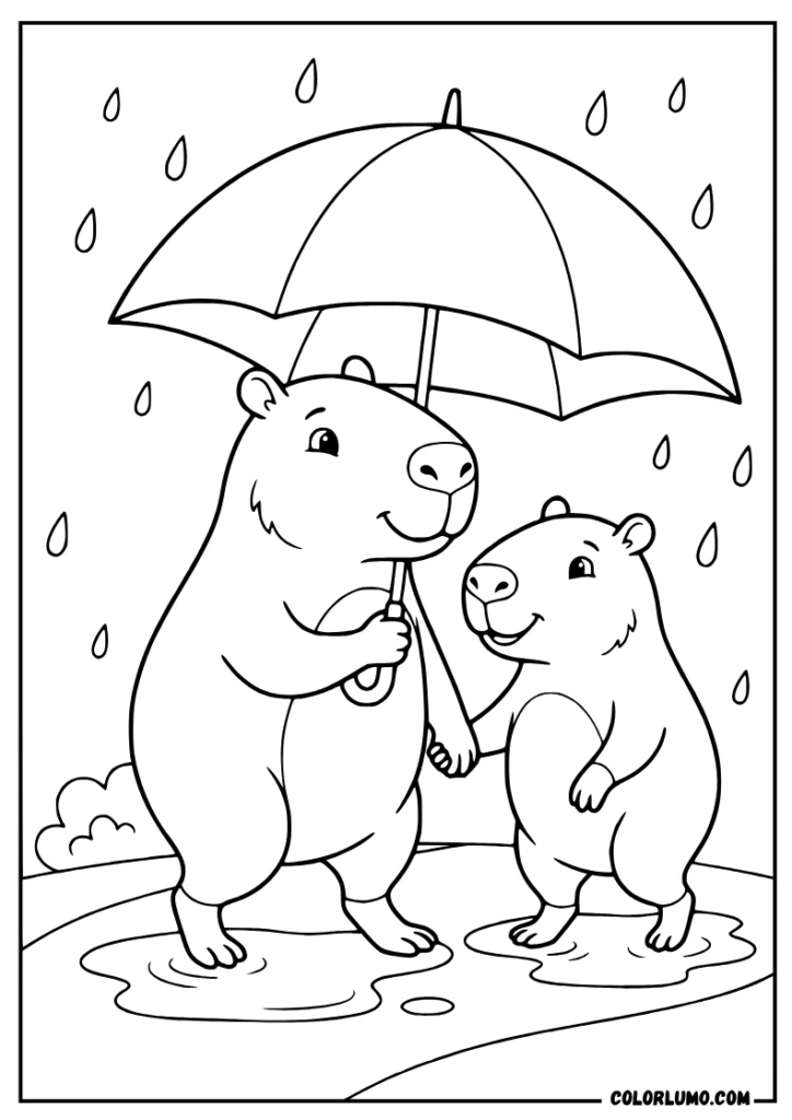 capybaras coloring pages featuring two capybaras walking under an umbrella on a rainy day with puddles and raindrops