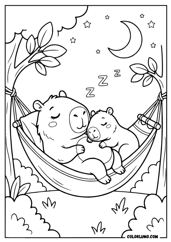 capybaras coloring pages featuring two cute capybaras sleeping together in a hammock under the moon and stars
