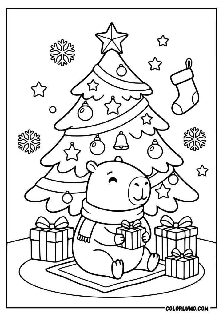 christmas capybara coloring pages where capybara sitting peacefully under a decorated Christmas tree