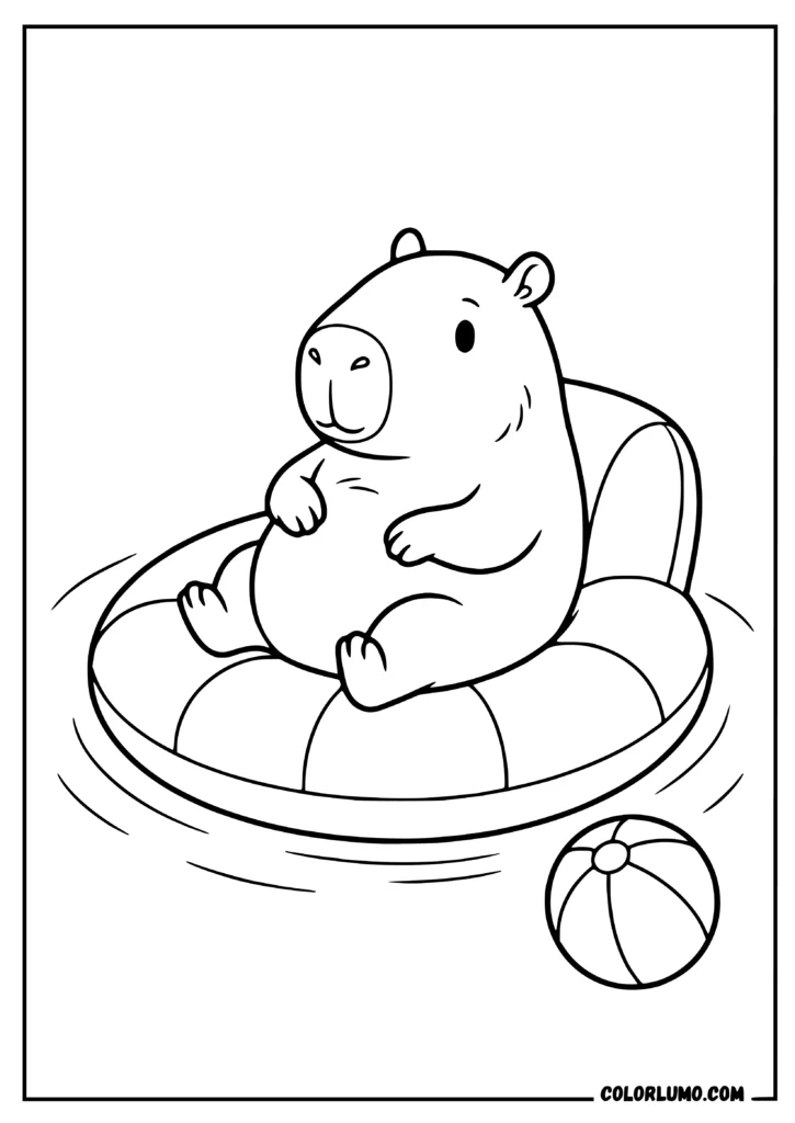 chubby capybara coloring pages relaxing on a pool float with a beach ball nearby
