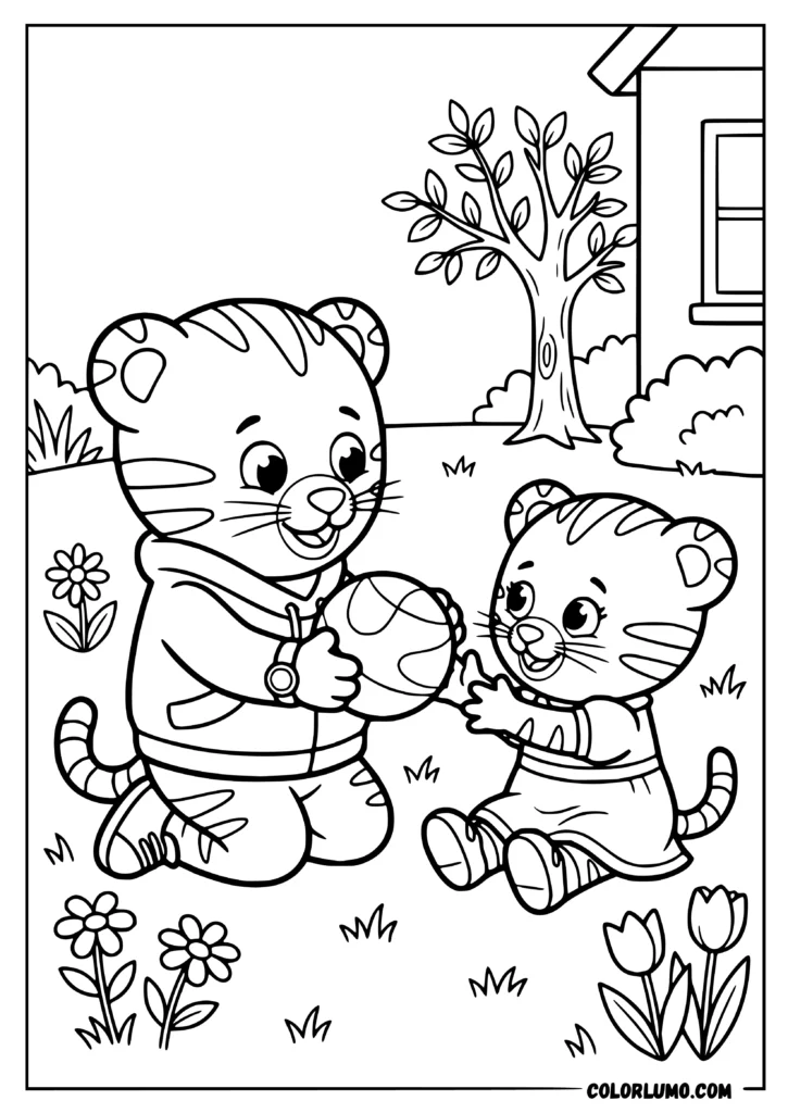 daniel tiger and his little sister margaret tiger playing together with ball coloring pages