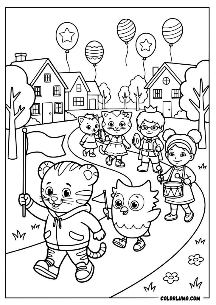 daniel tiger coloring page featuring Daniel Tiger leading, O the Owl, Katerina Kittycat, Prince Wednesday, and Miss Elaina in a cheerful neighborhood parade