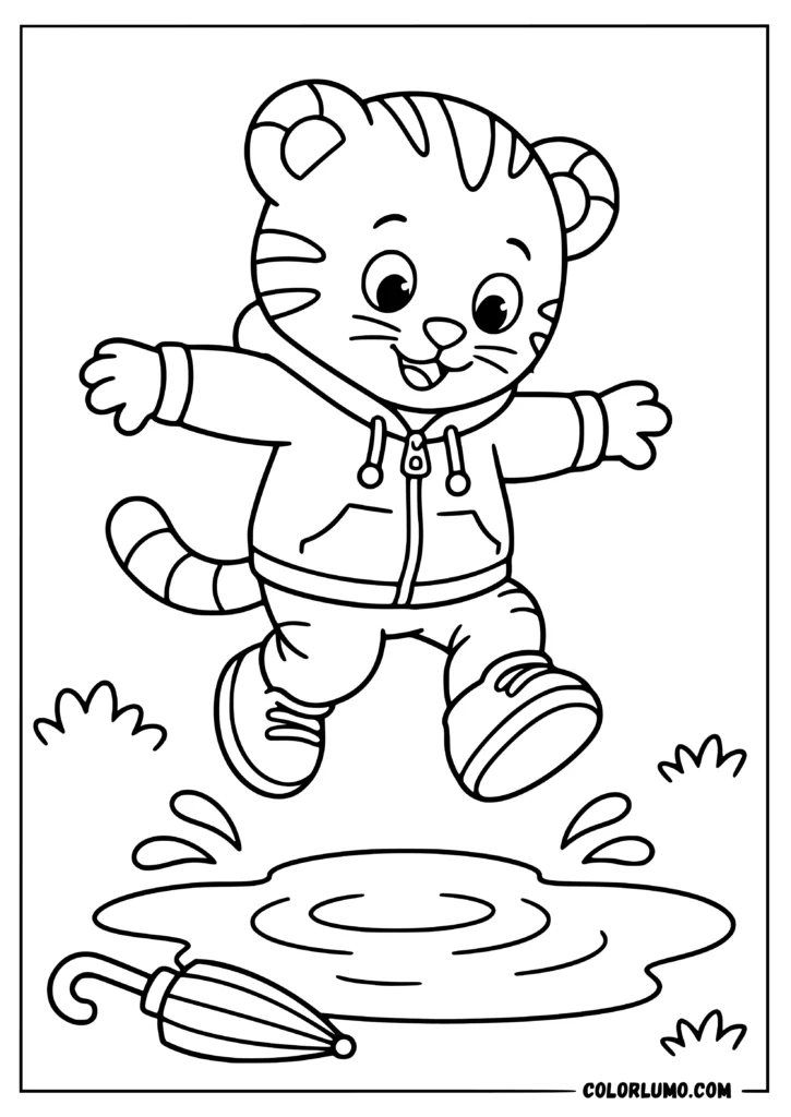 daniel tiger coloring pages featuring daniel tiger happily jumping over a large puddle after the rain