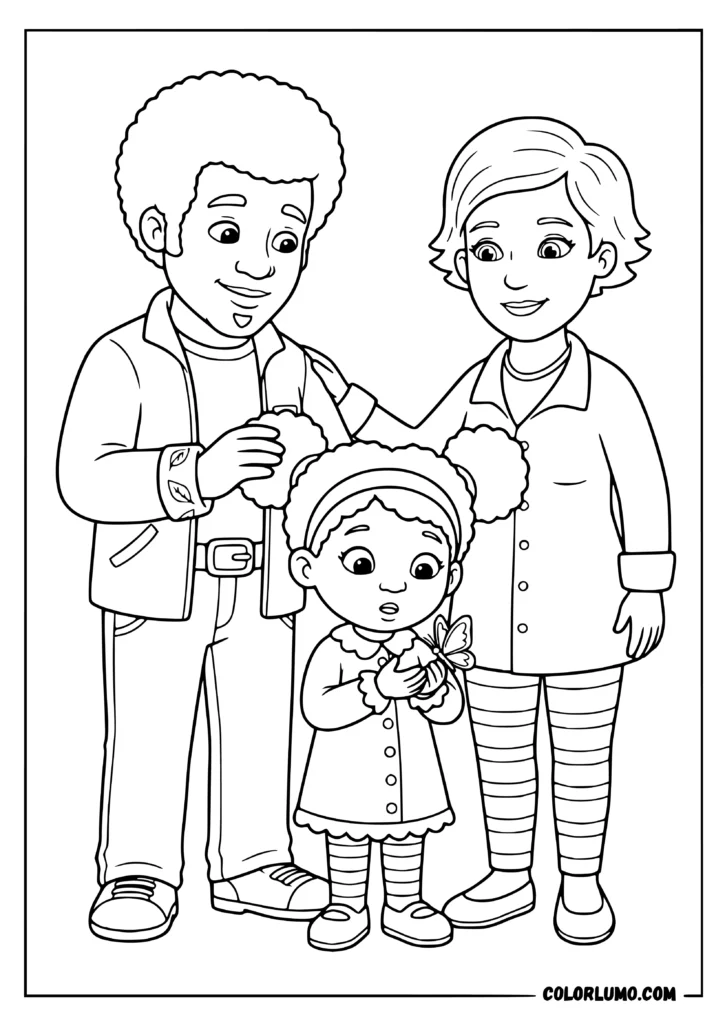 daniel tiger neighborhood coloring pages featuring Miss Elaina standing with his family