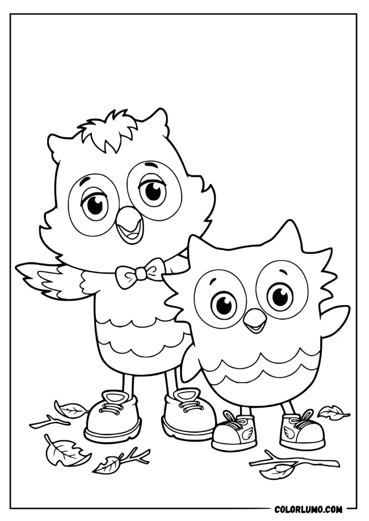 daniel tiger neighborhood coloring pages featuring O the Owl standing with Uncle X