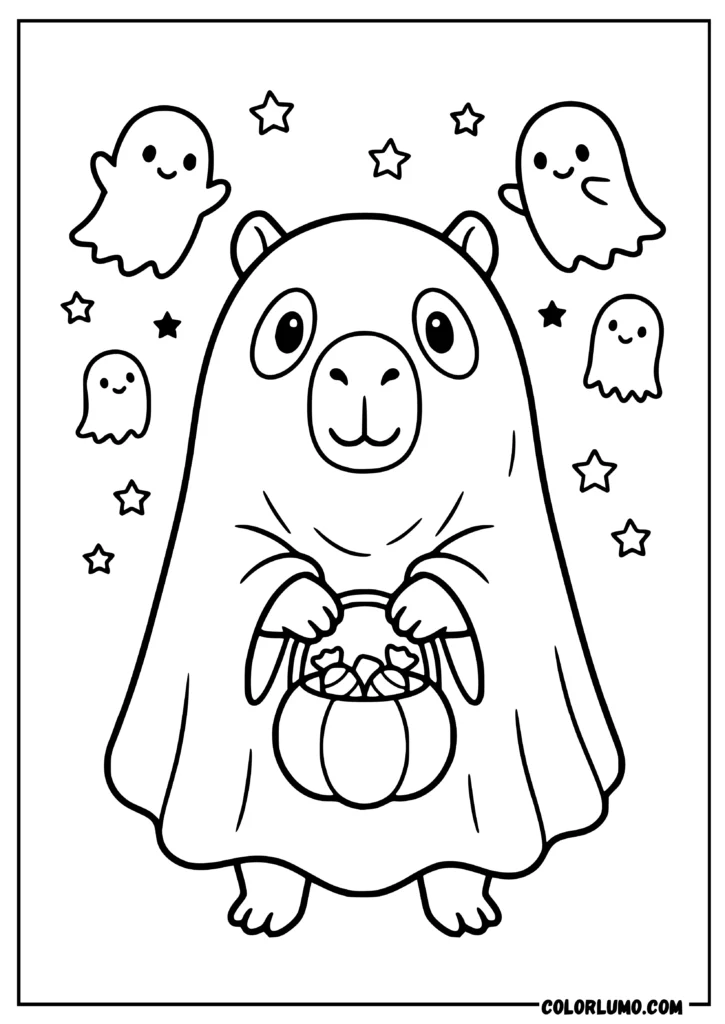 halloween capybara coloring pages featuring capybara wearing a loose ghost costume and carrying a small Halloween candy basket