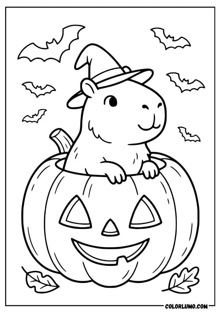 halloween capybara coloring pages featuring capybara wearing a pointed witch hat and sitting inside a large carved jack-o’-lantern