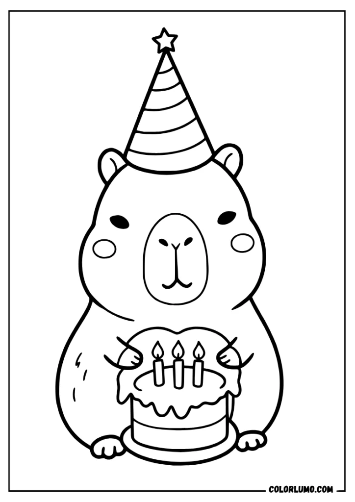 happy birthday capybara coloring page featuring a capybara wearing a birthday hat with a birthday cake in front of it