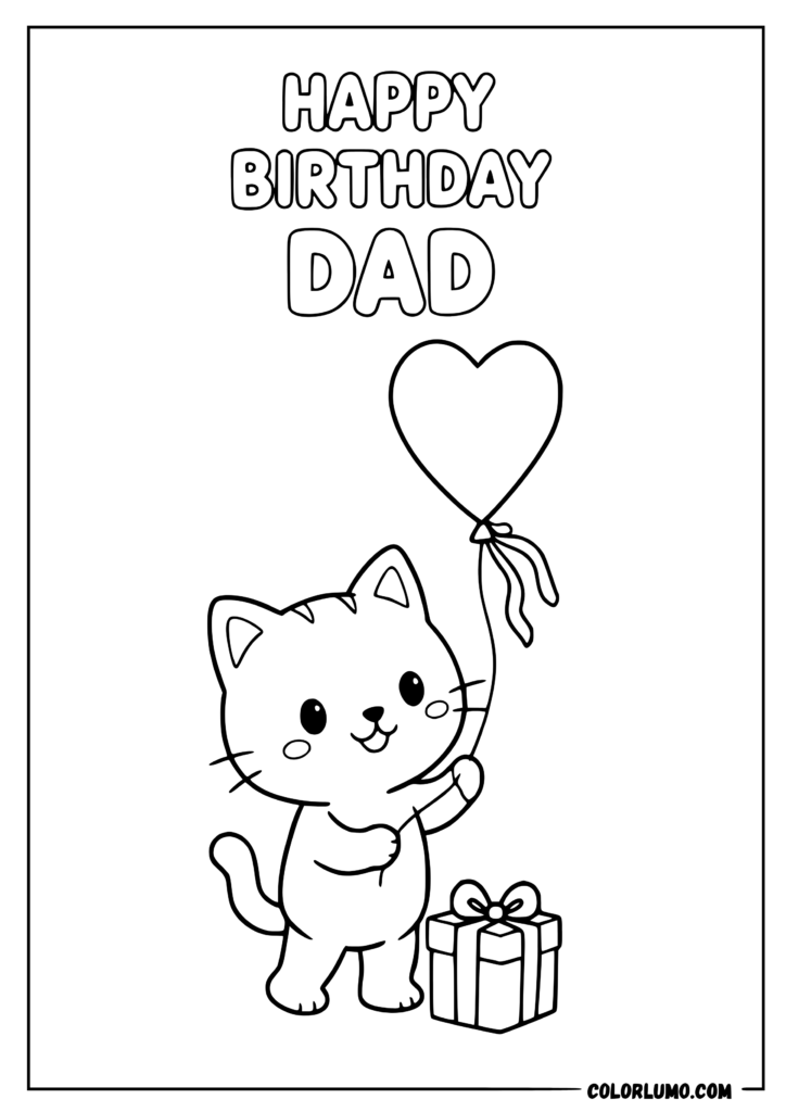 happy birthday dad coloring pages with a kawaii cat holding a heart-shaped birthday balloon and gift