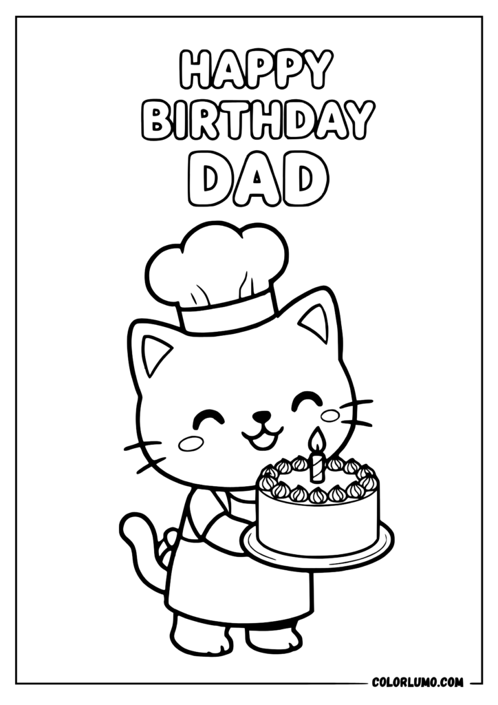 happy birthday dad coloring sheets with a kawaii cat chef holding a birthday cake