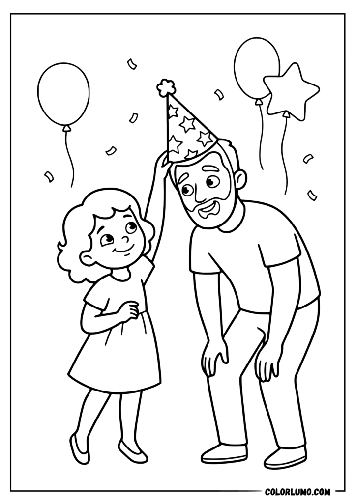 happy birthday dad from daughter coloring page featuring a daughter placing a birthday party hat on her surprised dad