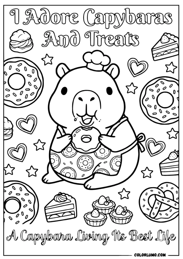 kawaii capybara coloring pages with enjoying a donut surrounded by donuts, cakes, strawberries, hearts, and stars, with the text