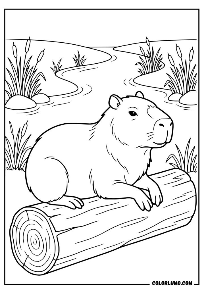 realistic capybara coloring page featuring a relaxed capybara resting on a fallen log