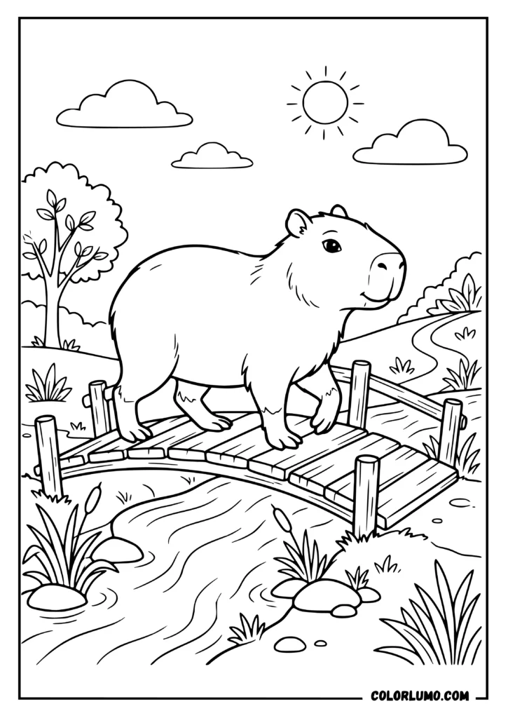 realistic capybara coloring page showing a capybara walking across a wooden bridge over a small stream