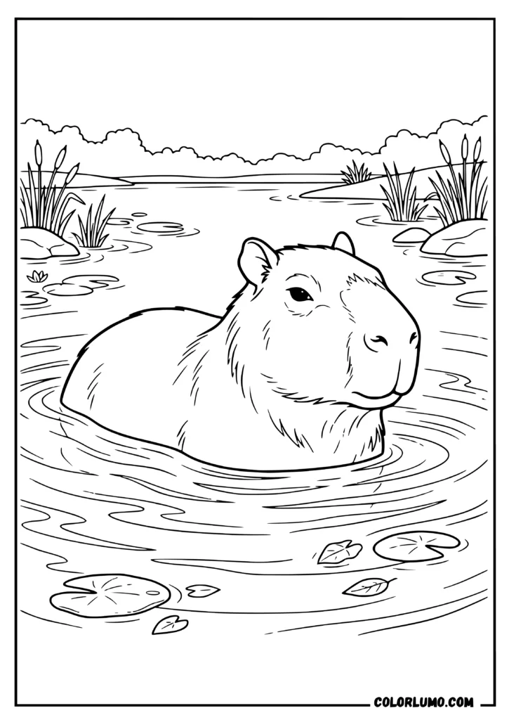 realistic capybara coloring page with half its body inside a lake, surrounded by gentle ripples and aquatic plants