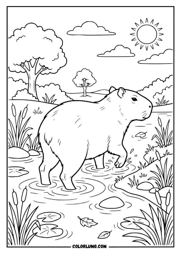 realistic capybara coloring sheet showing a capybara entering a shallow river from a rear three-quarter view with reeds, rocks, and water ripples