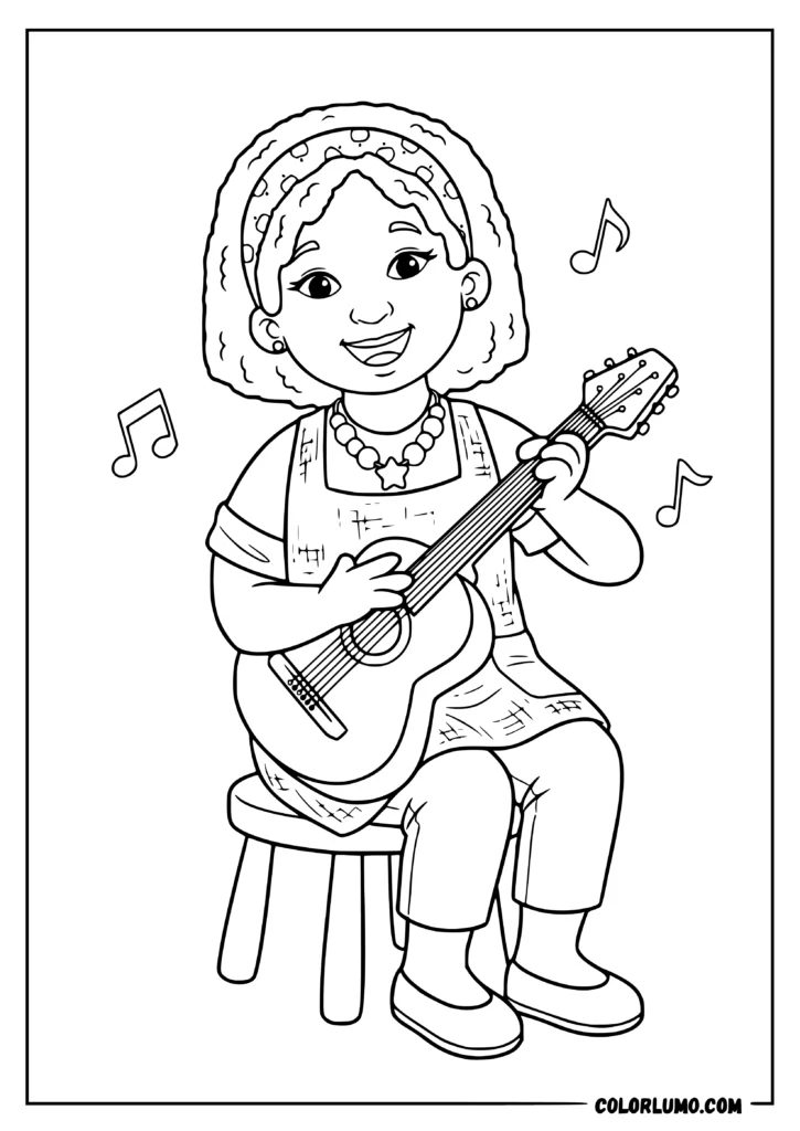 teacher harriet coloring pages from Daniel Tiger Neighborhood featuring teacher harriet playing guitar