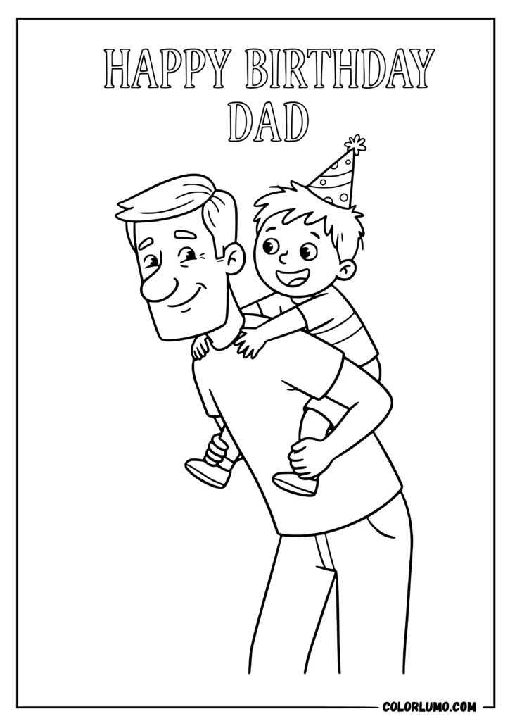 Happy Birthday Dad coloring pages with a playful father giving his son a piggyback ride