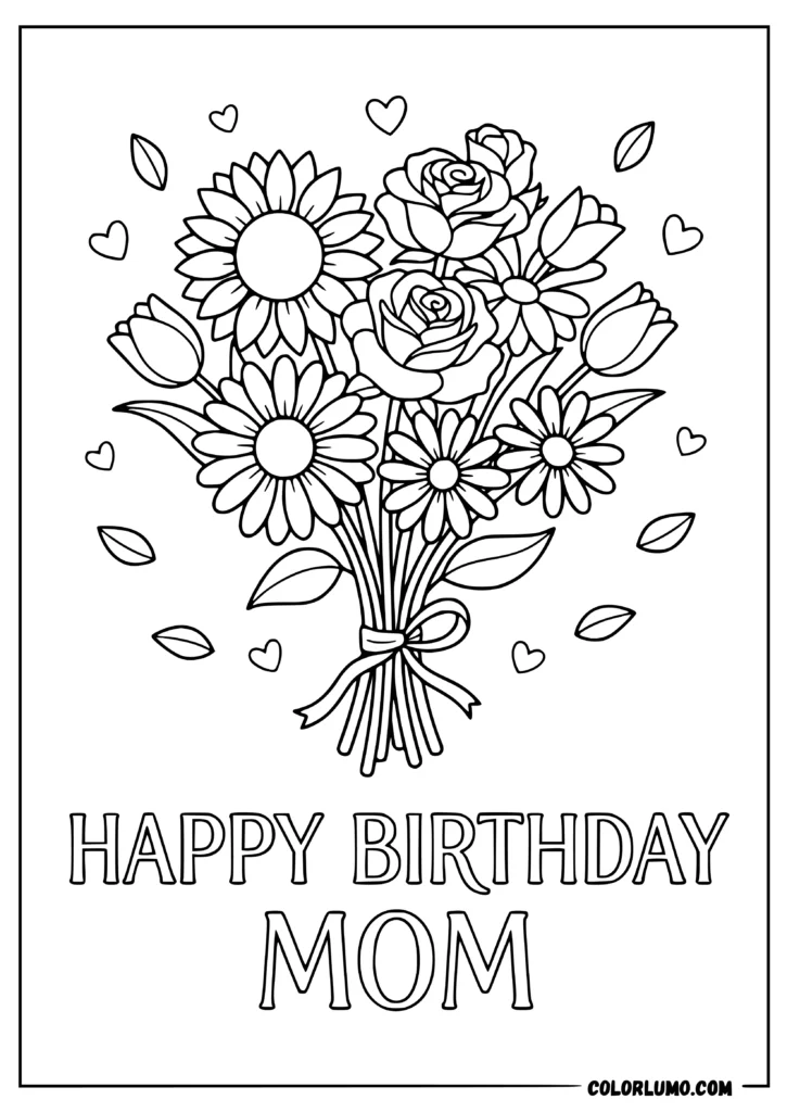 Happy Birthday Mom coloring pages with a beautiful flower bouquet