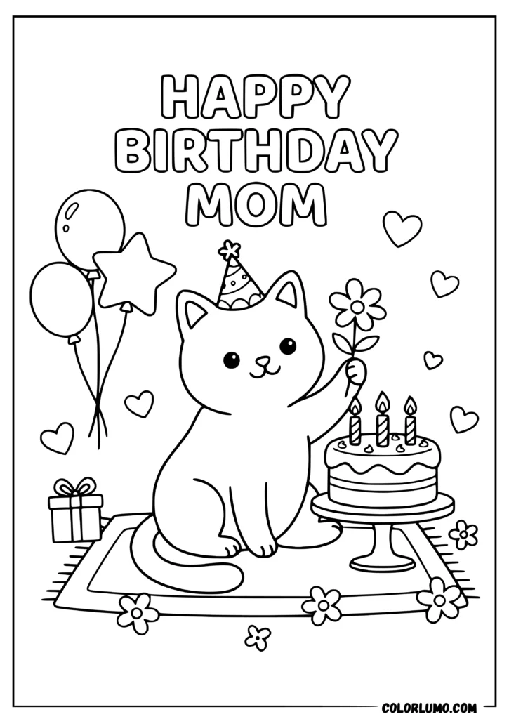 Happy Birthday Mom coloring pages with cute cat and birthday cakes