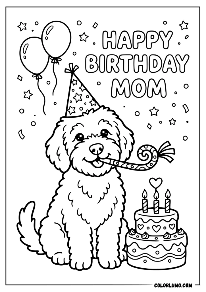 Happy Birthday Mom featuring a cute Golden Doodle wearing a birthday hat, blowing a party blower coloring pages