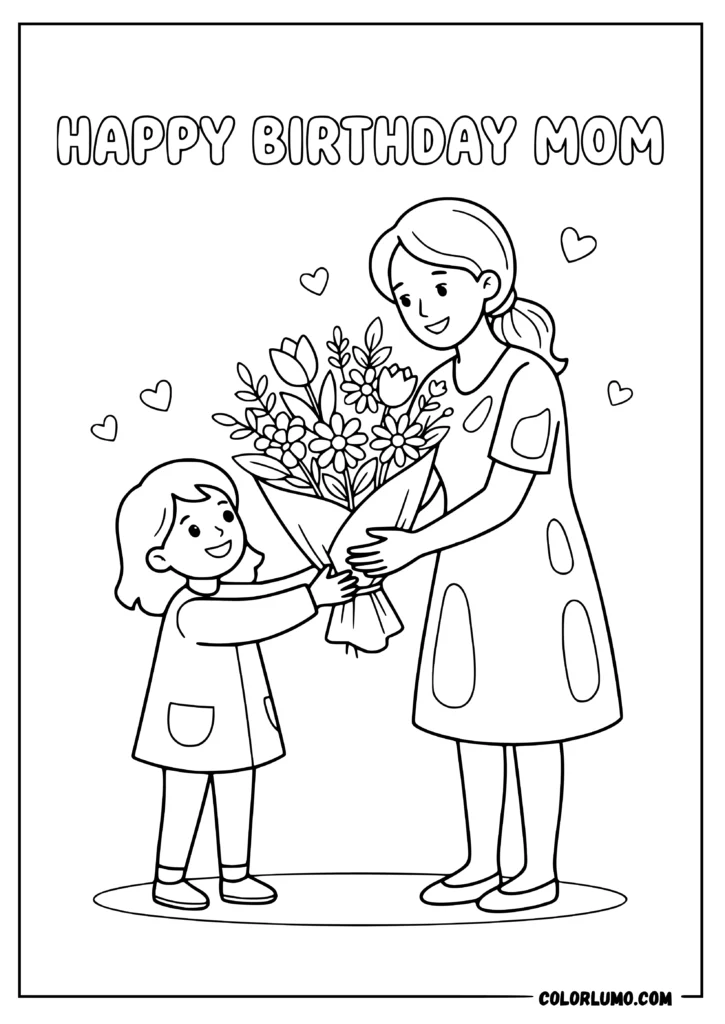 Happy Birthday Mom featuring daughter giving mom a flower coloring pages