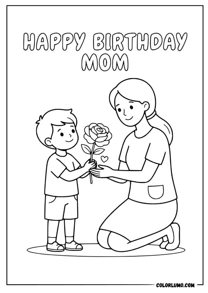 Happy Birthday Mom with son giving mom a flower coloring sheets