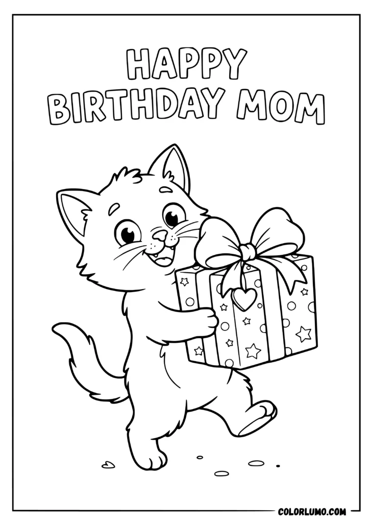 Happy Birthday cat Mom coloring page showing a kitten carrying a wrapped birthday gift