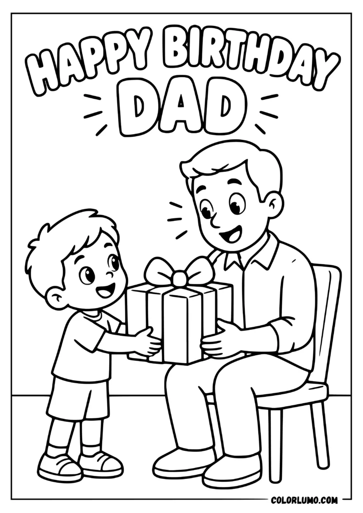 Happy Birthday father coloring pages with a son giving his father a birthday gift