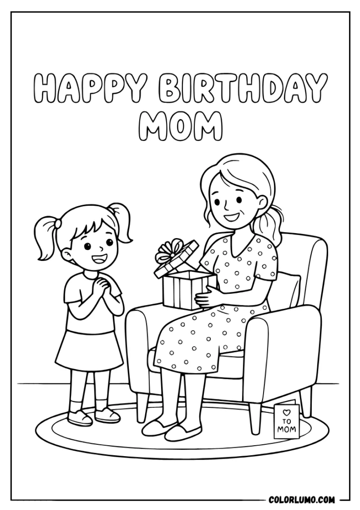 Happy Birthday mother with mom opening a birthday gift from her daughter coloring pages