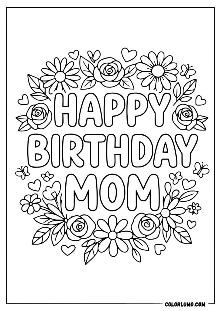Mom Birthday coloring page with floral lettering and butterflies