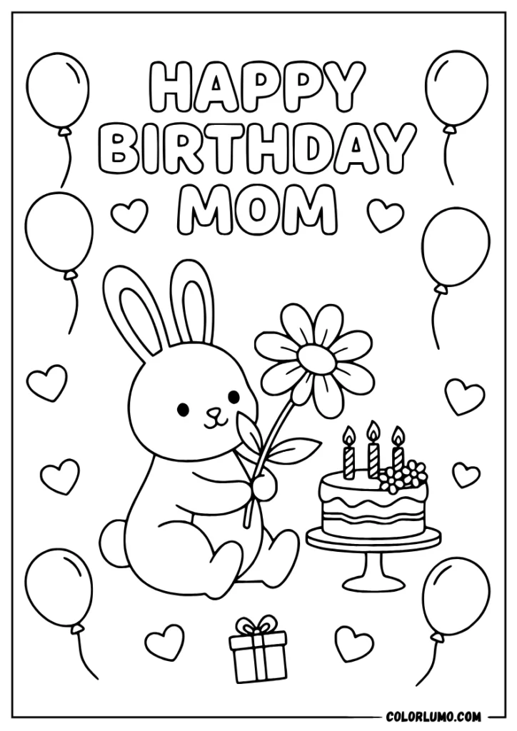 Mommy birthday coloring pages with cute bunny, cake and flowers
