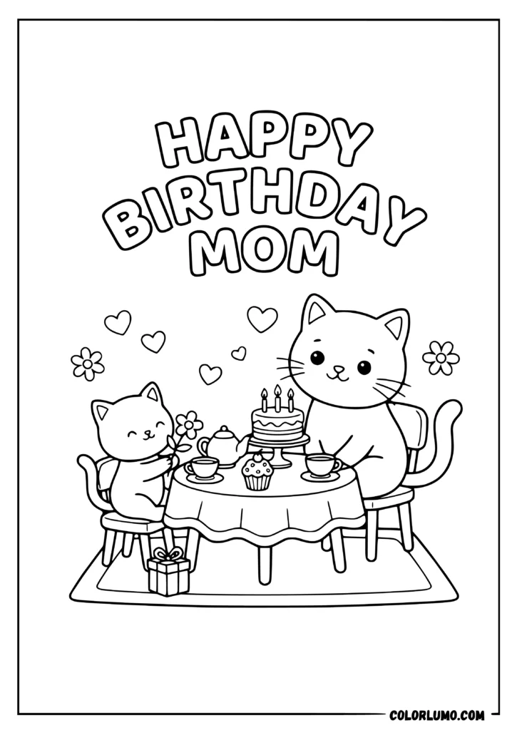 cat mom Birthday coloring page with mama cat and kitten tea party