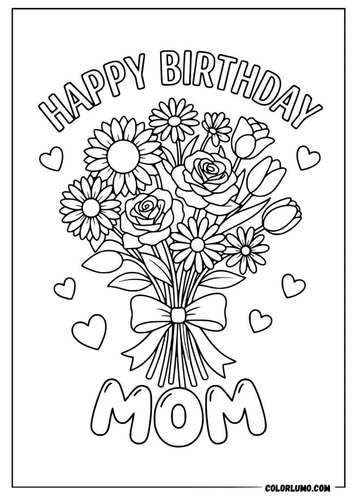 happy birthday mom coloring pages printable with large flower bouquet